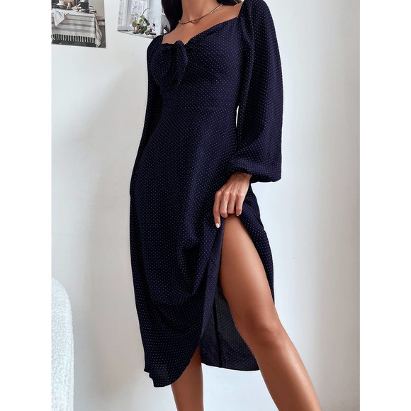 Polka Dot Print Knot Front Lantern long sleeve midi Dress rust brown - Picture 7 of 8